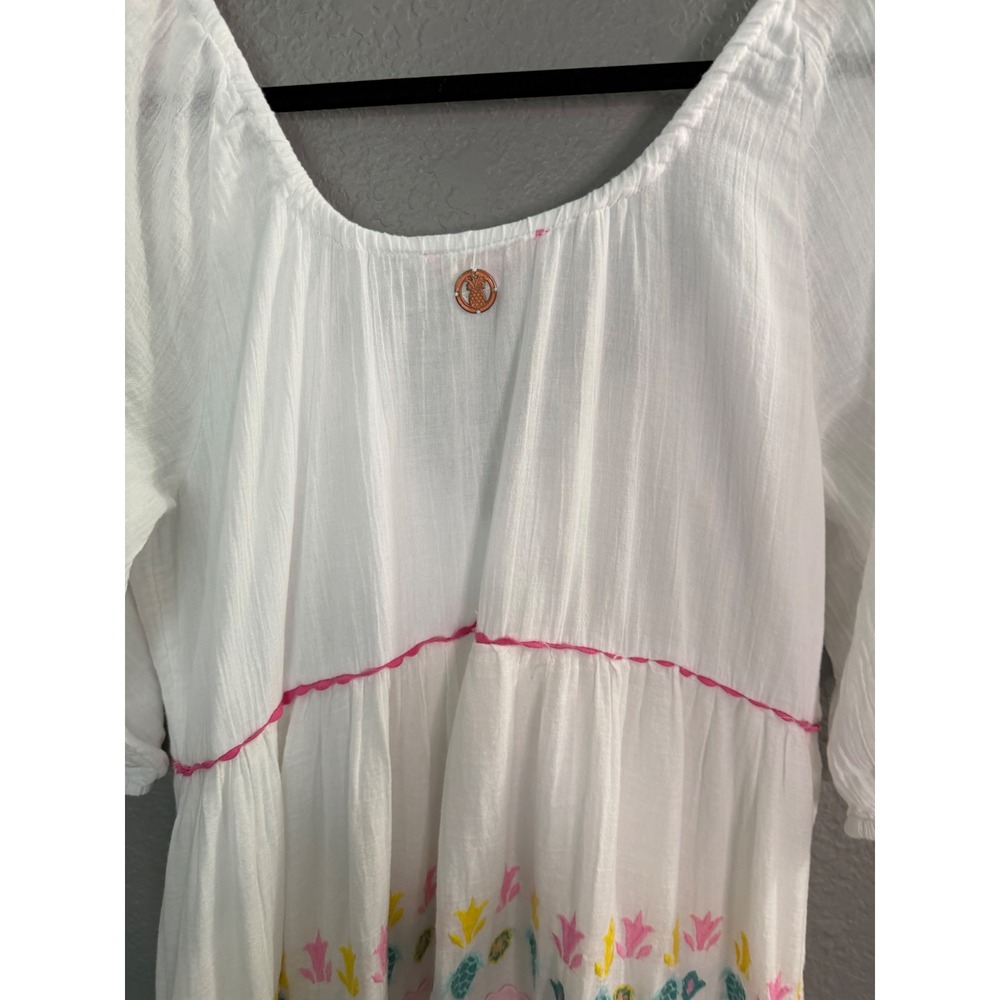 Simply Southern White Gauze Dress L Embroidered Turtle Pineapple Tiered Midi - Picture 10 of 10